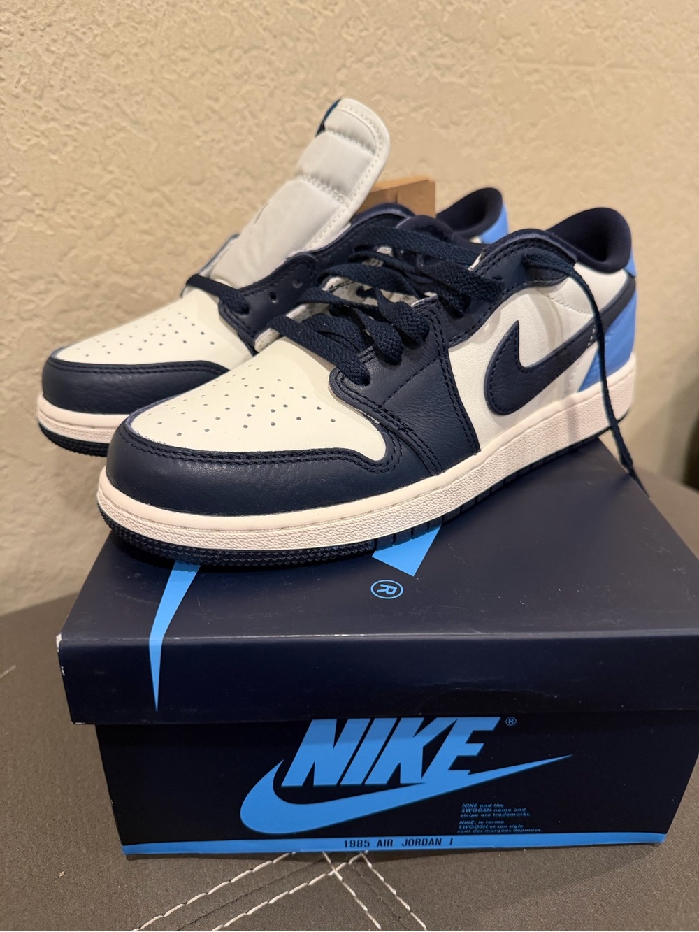 Nike Air Jordan 1 Low - White and Navy with Light Blue Heel